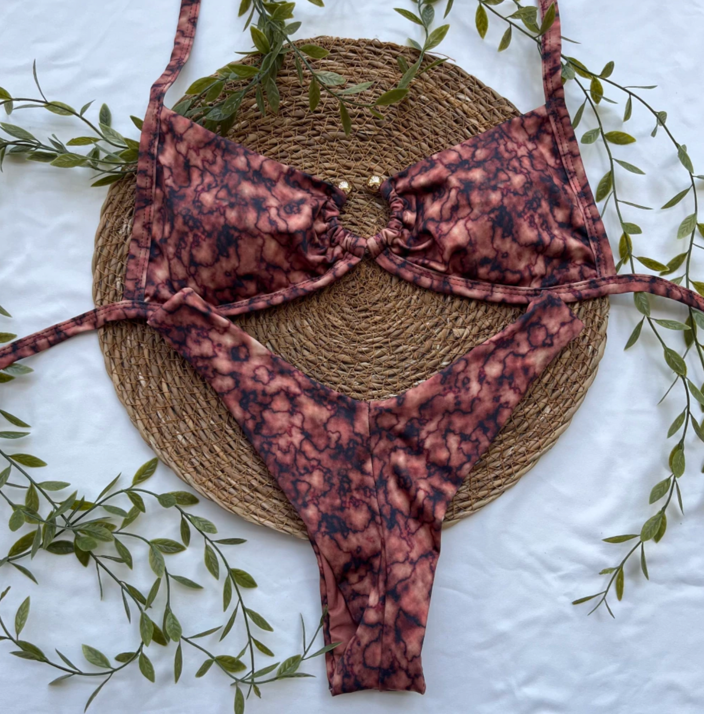 Brown marble print bikini set with triangle top and high-leg bottom