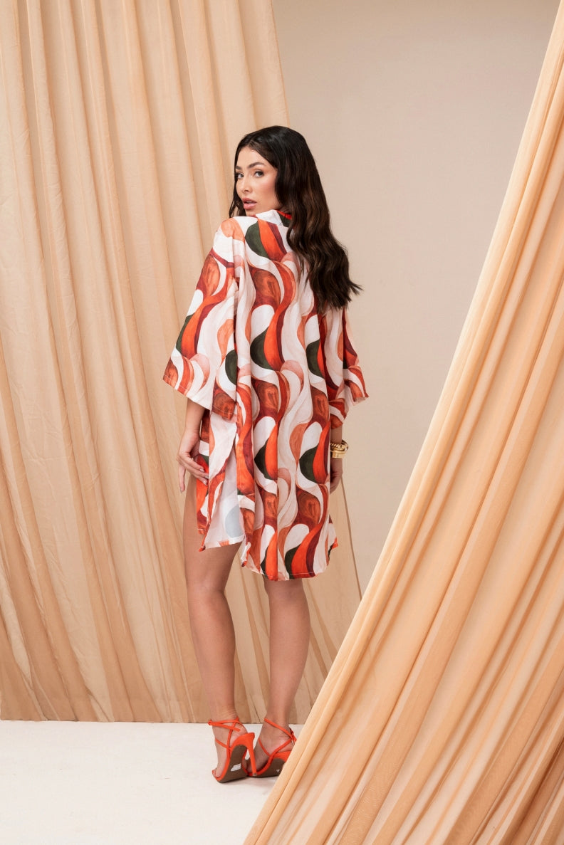 Back view of Orla kimono showing side slit and flowing pattern