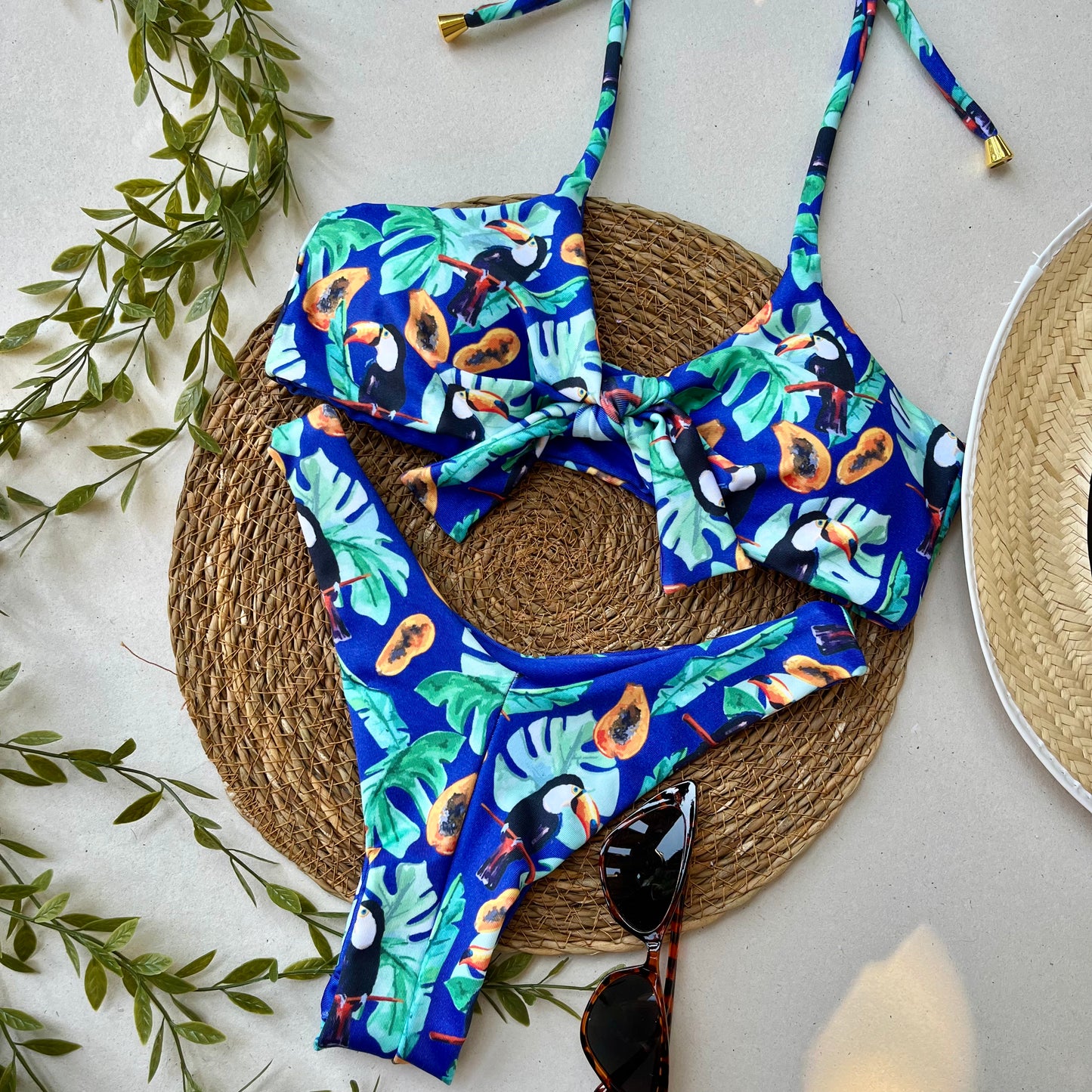 Serenity printed bikini set with knotted top and high-leg bottom in soft blue and nude tones
