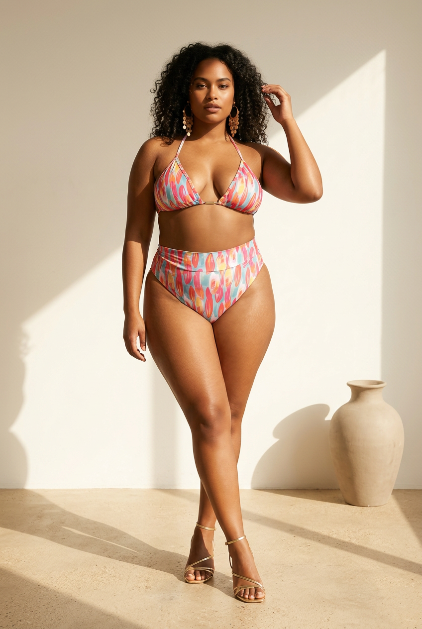 Sunset Wave high‑waist bikini set in multicolour tropical print by Orixah curvy model