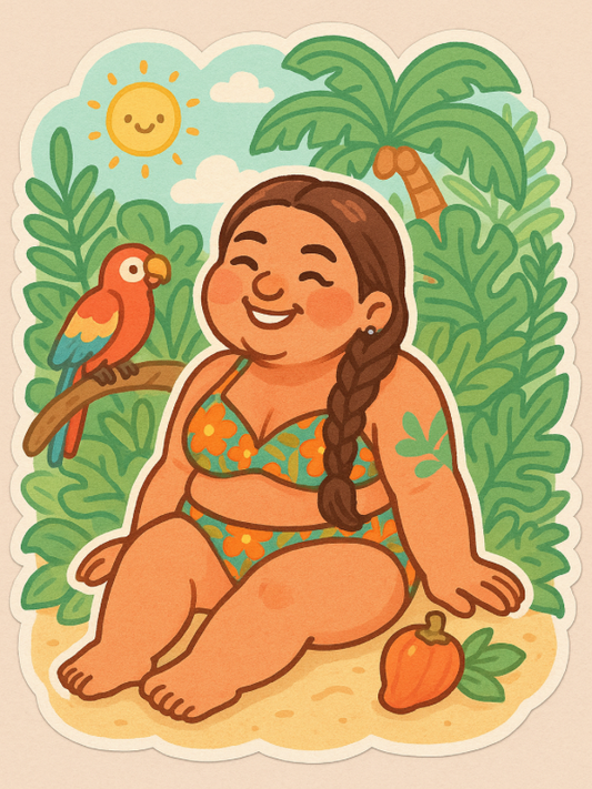 Body-positive Brazilian woman in floral bikini sitting on tropical beach with parrot and cashew fruit – Orixah swimwear illustration