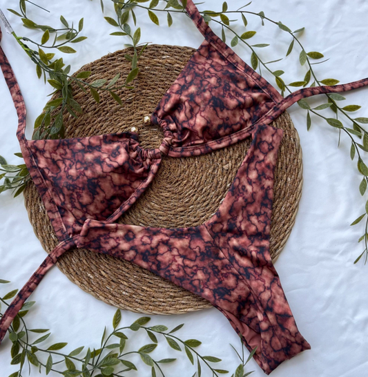 Marble Mocha Bikini Set – Triangle Top & High-Leg Bottom
