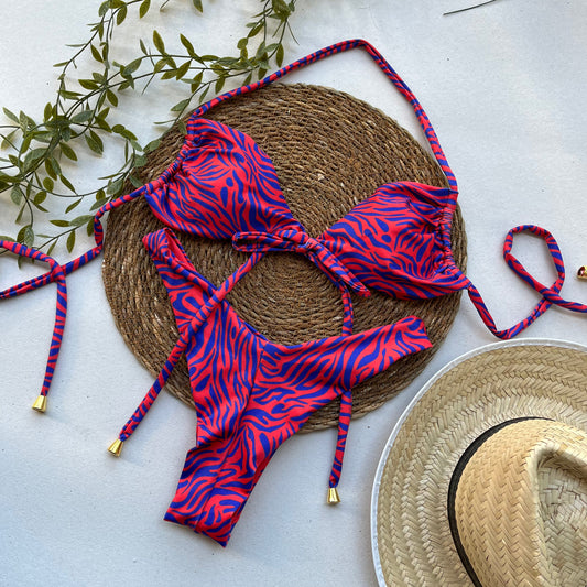 Crimson Current Zebra Print Bikini Set
