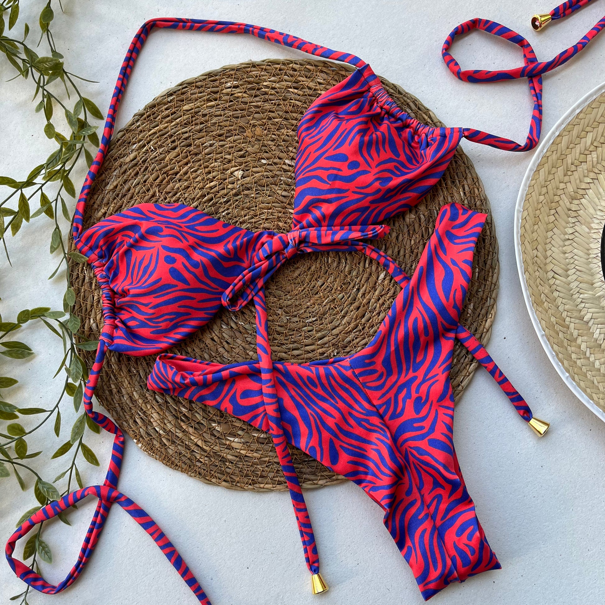 Red and blue zebra print bikini top and bottom set on white background