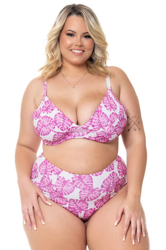 Pink Monstera Leaf High-Waisted Bikini Set