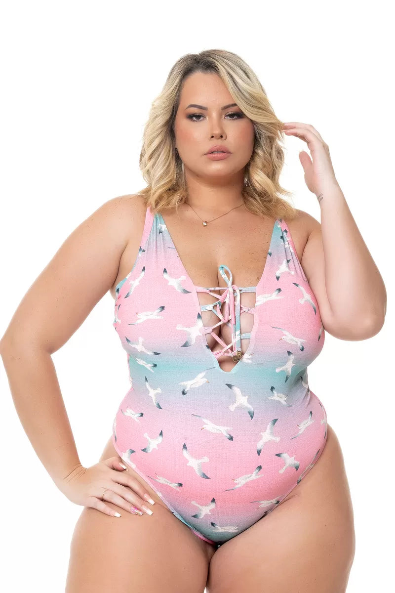 Pink & Teal Seagull Print Front-Lace One-Piece Swimsuit