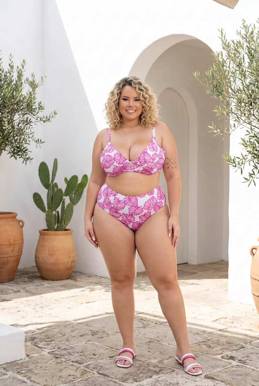 Pink Monstera Leaf High-Waisted Bikini Set