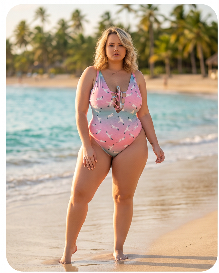 Pink & Teal Seagull Print Front-Lace One-Piece Swimsuit