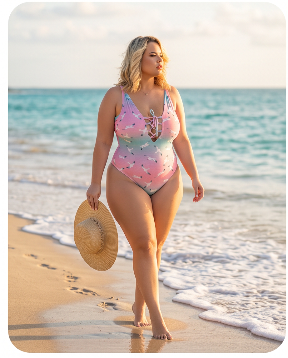 Pink & Teal Seagull Print Front-Lace One-Piece Swimsuit