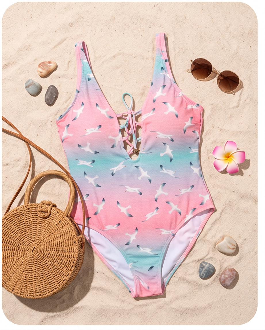 Pink & Teal Seagull Print Front-Lace One-Piece Swimsuit