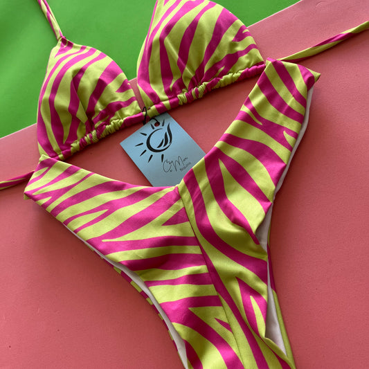 Pink and lime zebra-print Brazilian bikini set with triangle top and high-cut bottom – Zaya Bikini by Orixah