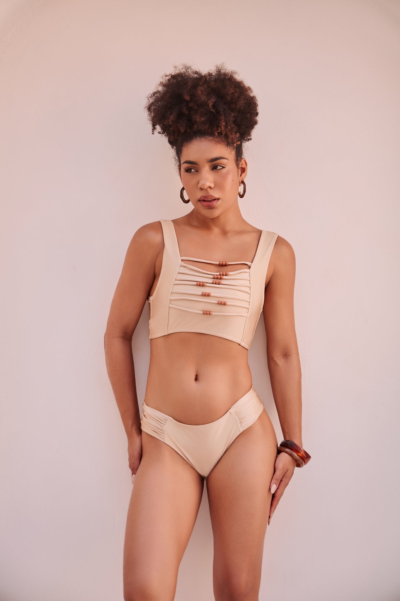 Orixah Solstice Ruche Bikini in warm beige with bead detailing, front view