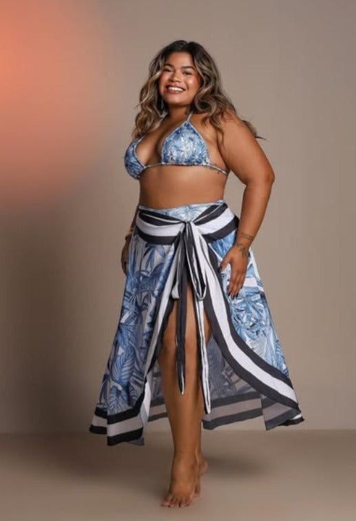 Blue palm 3‑piece bikini set with high‑leg bottom and wrap skirt by Orixah