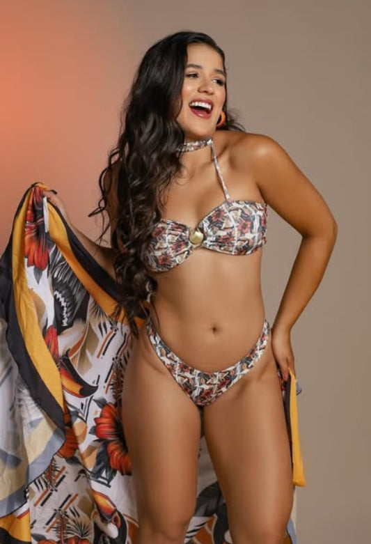 Tropical Bloom bikini set with matching sarong by Orixah front view

