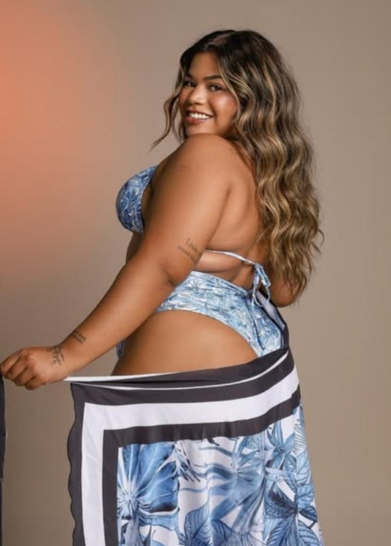 Blue palm 3‑piece bikini set with high‑leg bottom and wrap skirt back view by Orixah