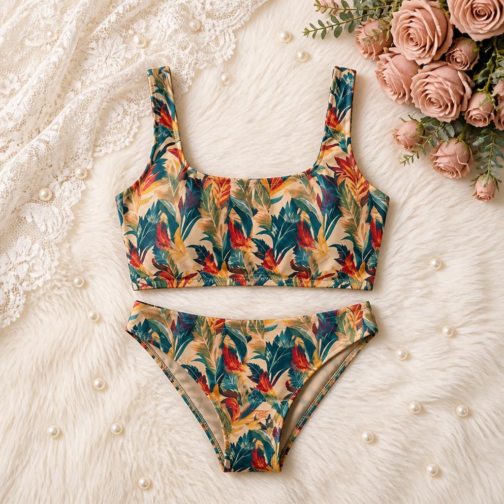 A two-piece bikini set with a colorful tropical leaf and bird pattern, laid flat on a white faux fur surface with lace, pearls, and pink roses as styling props.